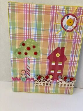 3D Decorative Plaid Wall Art with Buttons Wooden fence and Green Tree